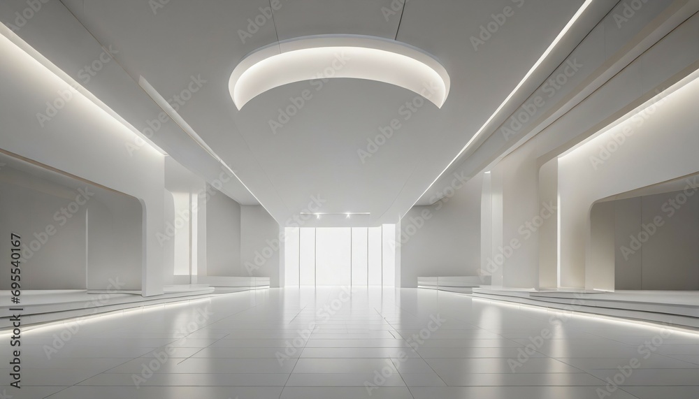 luxury white abstract architectural minimalistic background contemporary showroom modern exhibition stand empty gallery backlight polygonal graphic design 3d illustration and rendering