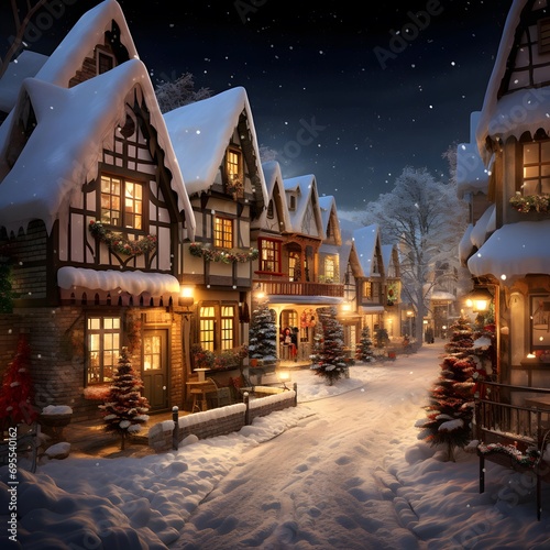 Winter night in the village. Christmas and New Year holidays concept. © Iman