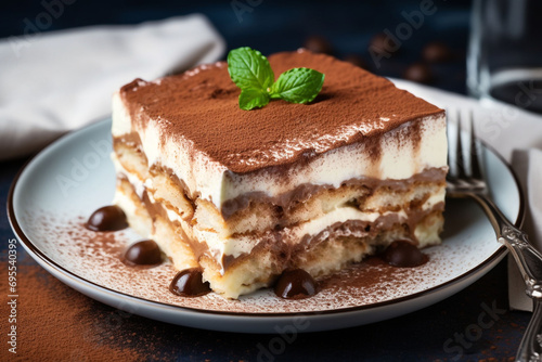 Delicious Italian Tiramisu dessert decorated with chocolate drops