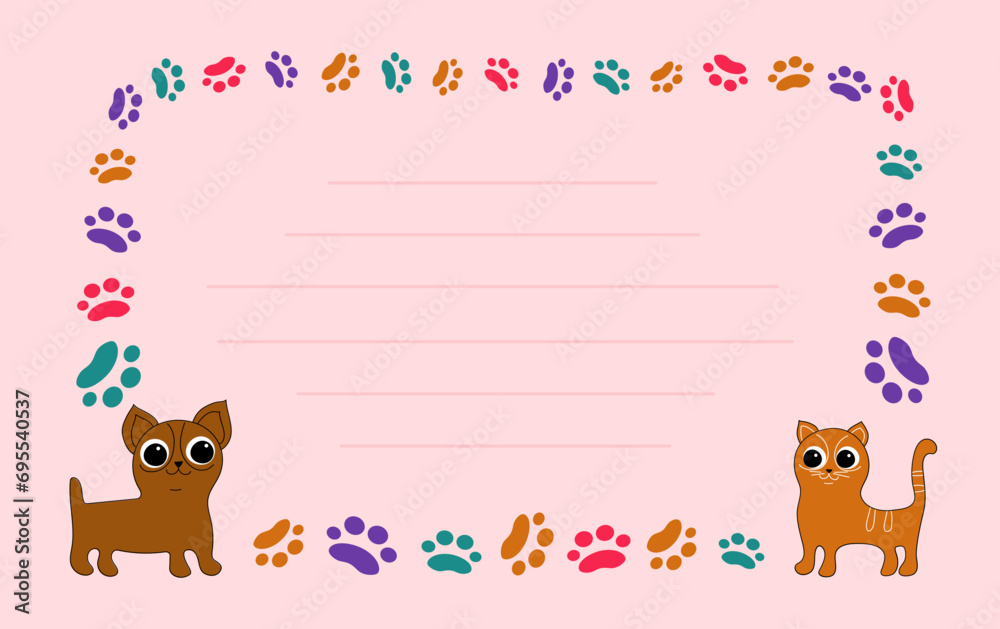 Frame cartoon dog, cat; footprints, paw prints of the animal. Ornaments, icons with pets, print design. Card with space for text. Pet products. Pet notice banner concept vector illustration. Frame cartoon dog, cat; footprints, paw prints of the animal. Ornaments, icons with pets, print design. Card with space for text. Pet products. Pet notice banner concept vector illustration.