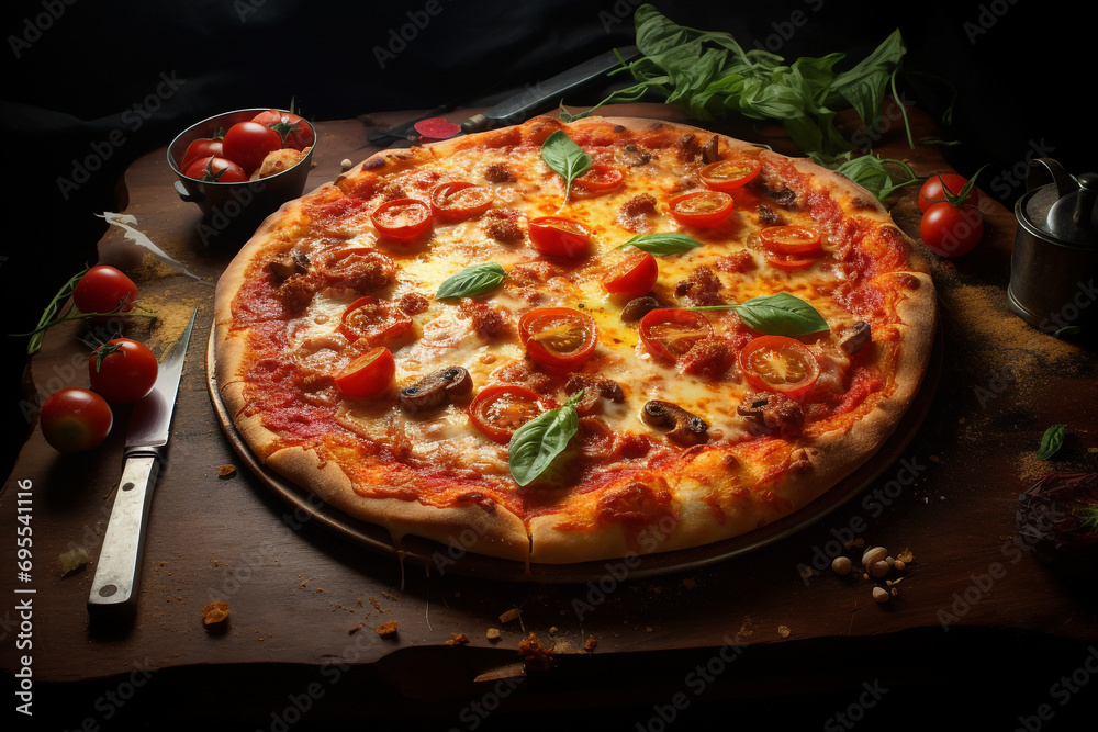 Pizza diavolo with tomatoes and basil