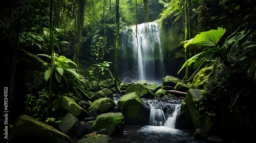 Panorama of a beautiful waterfall in the rainforest of New Zealand