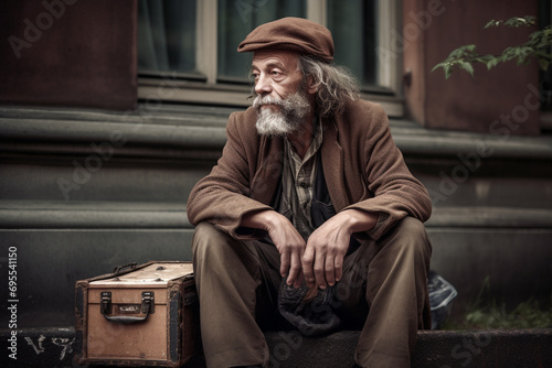 A man sitting outside with a suitcase