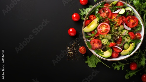 fresh and vibrant vegan salad bowl with tomatoes, avocado, arugula, radish, and seeds - nutritious plant-based menu. flat lay composition for healthy eating