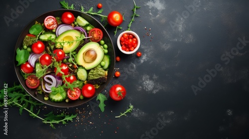 fresh and vibrant vegan salad bowl with tomatoes, avocado, arugula, radish, and seeds - nutritious plant-based menu. flat lay composition for healthy eating