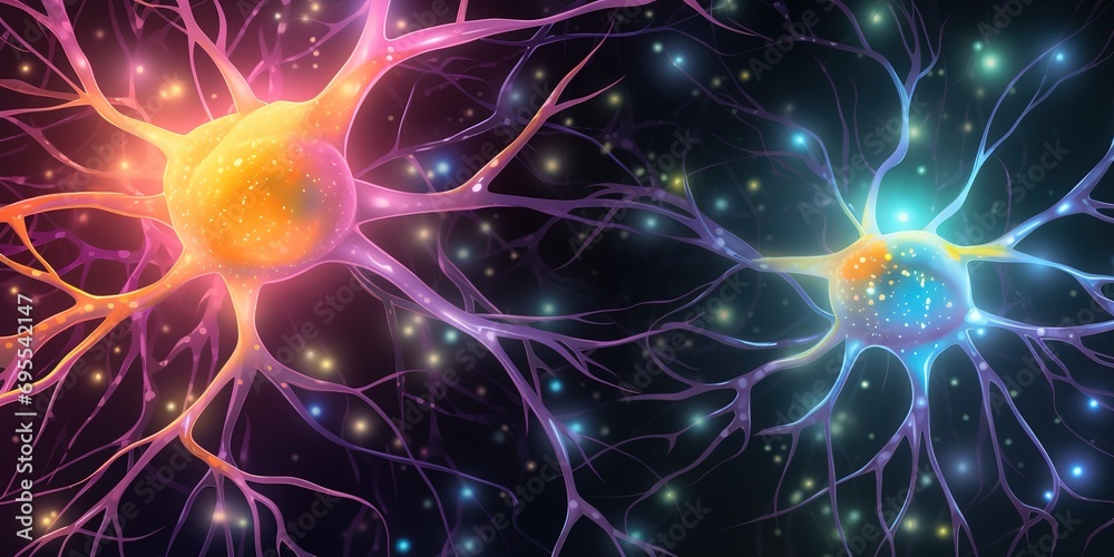 Generative AI, neuron cells with glowing background, knots in abstract dark space. Neural network Generative AI, neuron cells with glowing background, knots in abstract dark space. Neural network