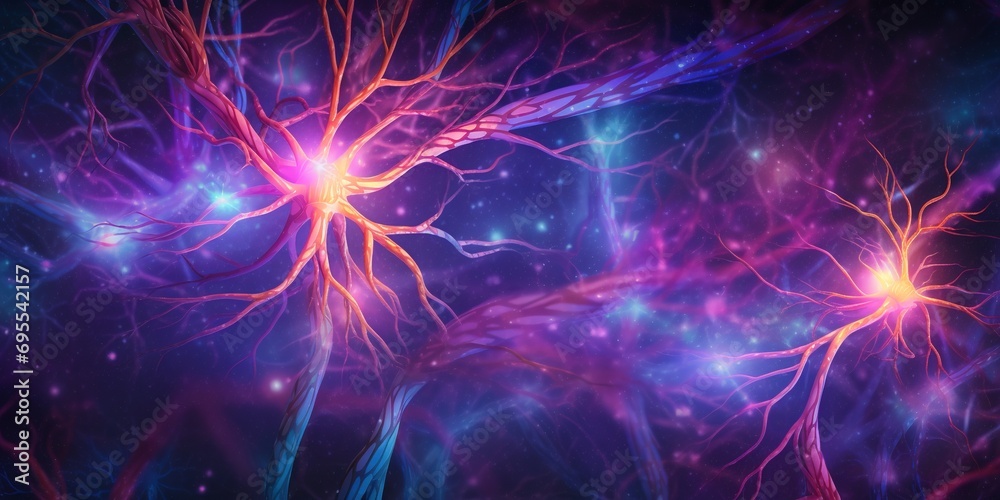 Generative AI, neuron cells with glowing background, knots in abstract dark space. Neural network	