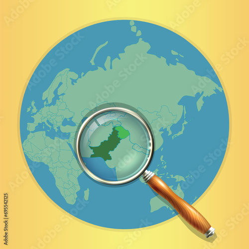 Map of the world with a magnifying glass on a map of Pakistan Detailed map of neighboring countries in the Pakistan magnifying glass.
With Green countries and a gradient of Ocean. Vector Art