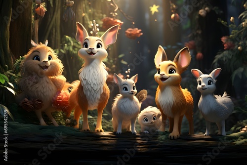 Funny cartoon foxes in the forest. 3D illustration.