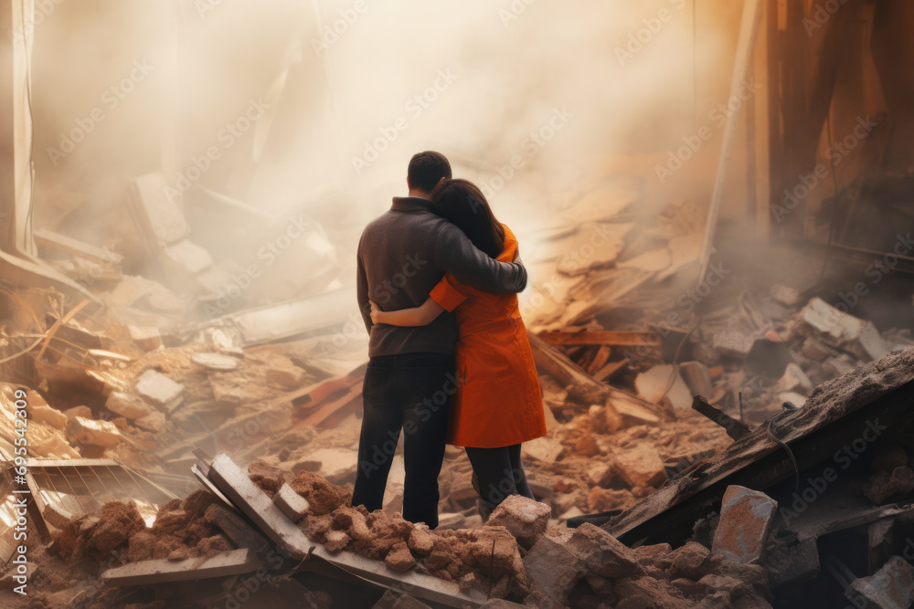Fototapeta premium Couple embraces amidst rubble post-earthquake, a poignant scene of loss and unity, against a backdrop of destruction and hope