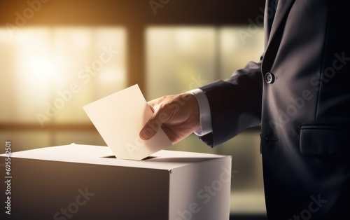 Man putting his vote into ballot box, blurred background