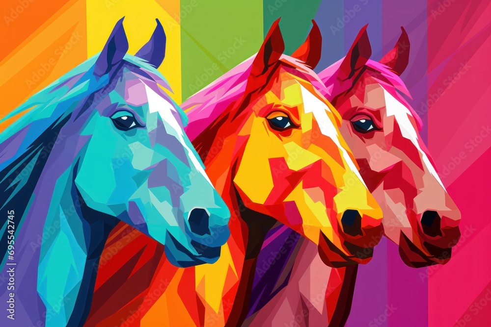 three colorful horses standing side by side in front of
