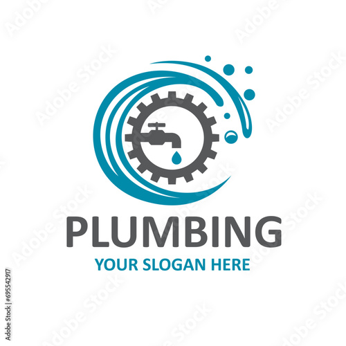 plumbing service icon with gear and water faucet isolated on white background