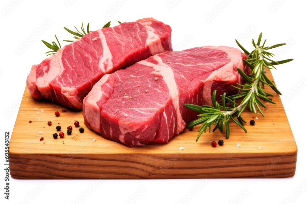 Fresh raw meat steaks and rosemary on cutting board isolated on transparent background