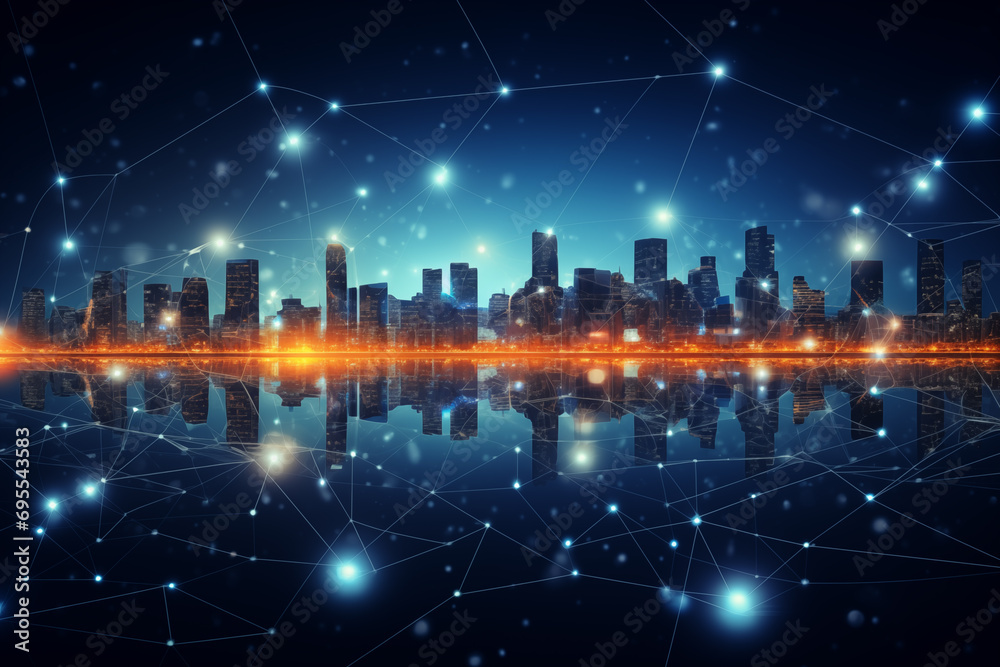 Smart city concept with interconnected buildings and advanced internet 5G technology