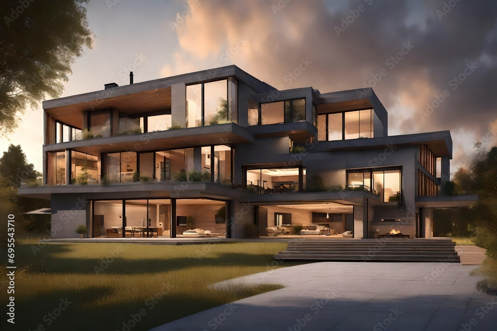 3d rendering of a large modern contemporary house in wood and concrete in early evening