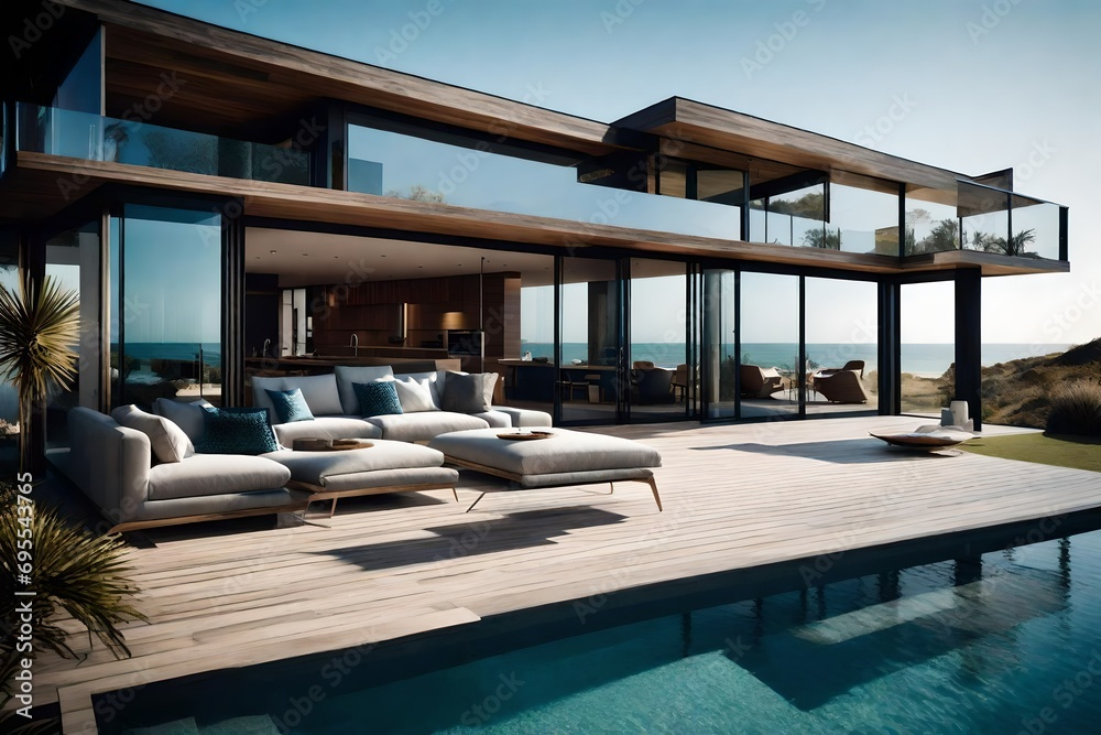 A contemporary beach house with large windows, capturing the essence of coastal living and ocean views.