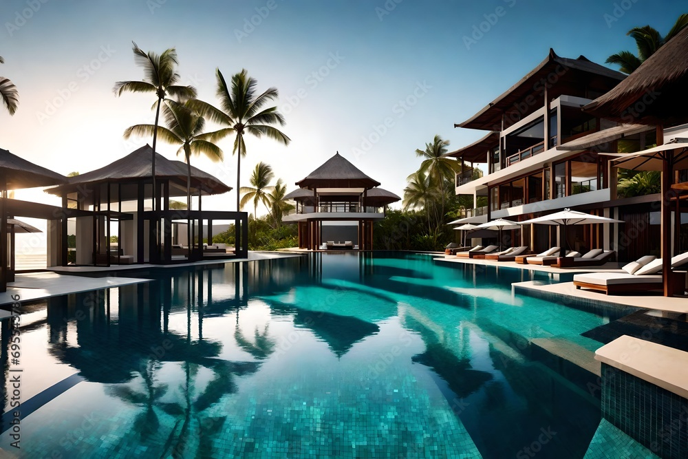 A beachfront resort with a series of luxurious villas, each with its own infinity pool, offering panoramic views of the Indian Ocean.