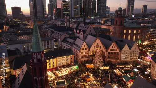 Christmas Market on Romerberg Square in Evening, Frankfurt am Main, Hesse, Germany. Aerial Drone Shot Weihnachtsmarkt