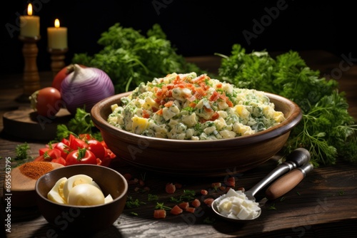  a bowl of food sitting on top of a wooden table next to a knife and a bowl of food on a wooden table next to some vegetables and a candle.