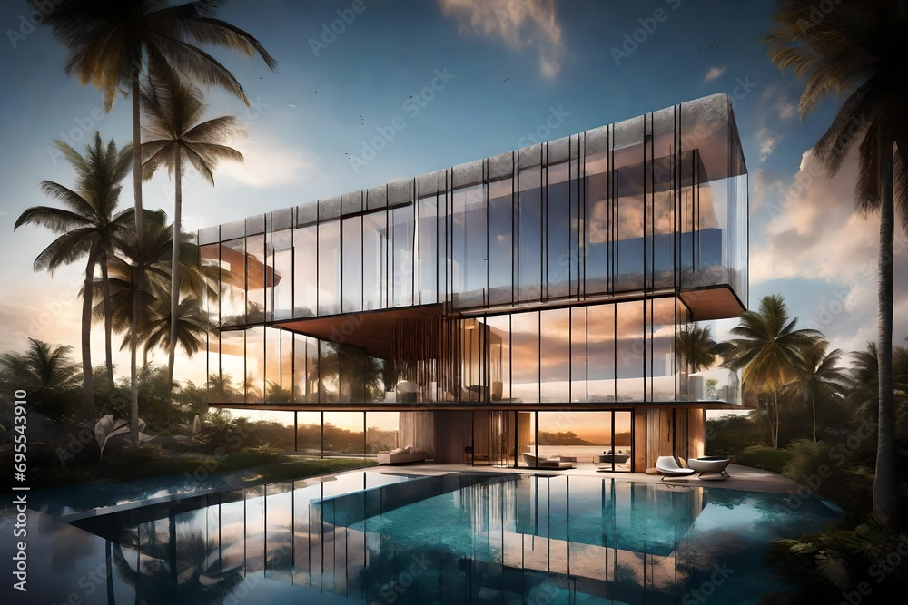 An exclusive apartment building with glass walls, providing unobstructed views of the sunset over the palm-fringed coastline of the Maldives.