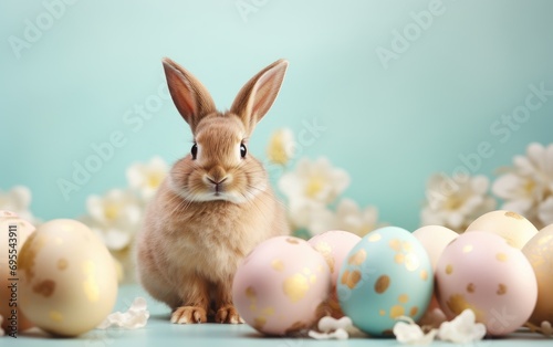 Easter bunny and golden eggs on a pastel background