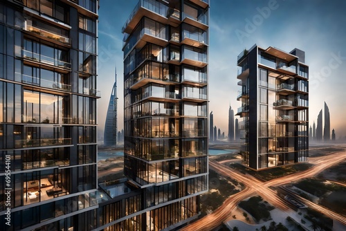 A contemporary apartment building with a mix of glass and steel, rising against the backdrop of the vibrant Dubai cityscape.