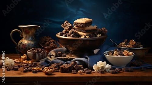 An artistic composition featuring a bowl filled with walnut-studded desserts, such as brownies and cookies, creating a tempting and indulgent scene.