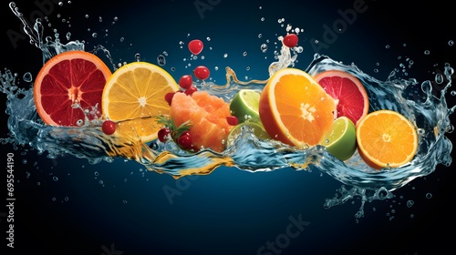 Citrus fruit in water splash on dark blue background. 3d illustration