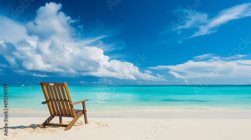 The beach is beautiful and has a chair facing a blue sky.