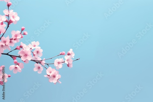  a branch of a cherry tree with pink flowers in the foreground, and a blue sky in the background, with only a few clouds in the foreground. photo