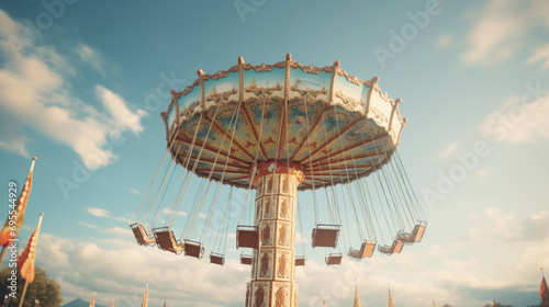 A giant swing ride spinning against the backdrop of the sky.