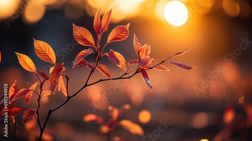  a close up of a branch with leaves in the foreground  with the sun in the background  and a blurry background of a blurry background of leaves.