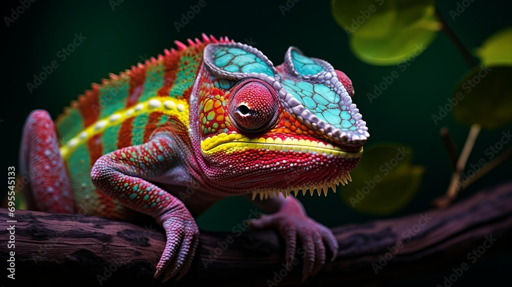 The chameleon panth is lovely and perched on a branch.