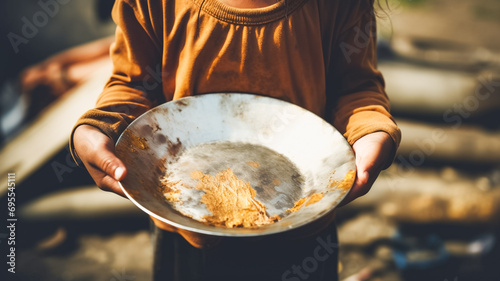 Hungry, starving,  neglected, dirty girl holding empty metal plate. Poverty, misery, migrants, homeless people, war. War social crisis problem issue help charity donation concept.
 photo