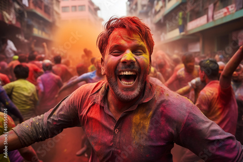Middle Aged Man Revels in Holi Festival Joy Amidst a Spectrum of Colors