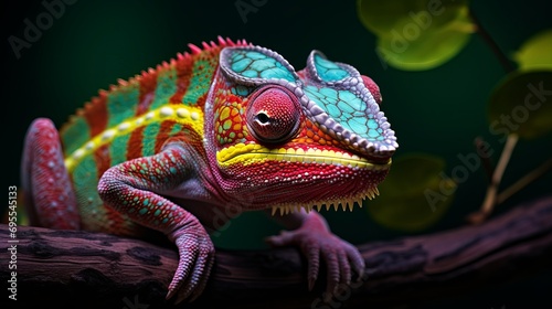 The chameleon panth is lovely and perched on a branch.
