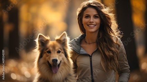 A girl with a dog walks in an autumn park © Ольга Дорофеева