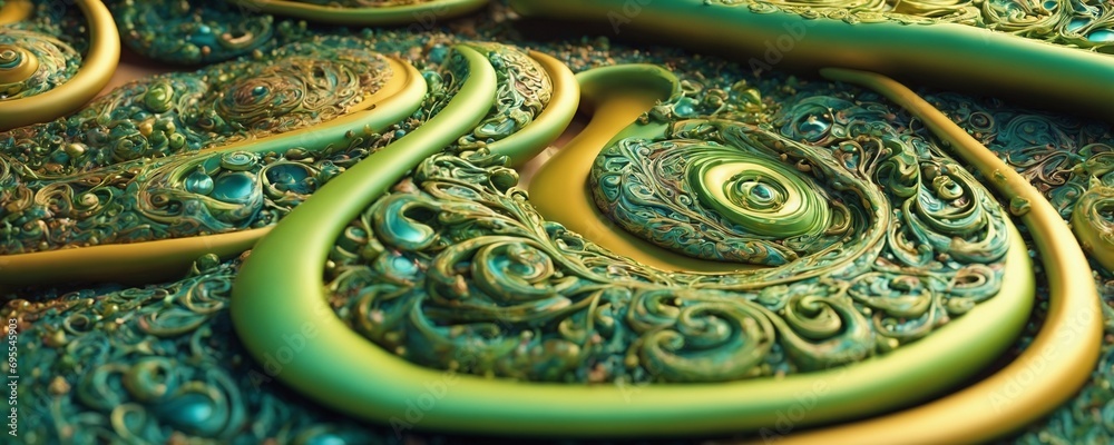 a close up of a green and gold snake