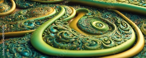 a close up of a green and gold snake