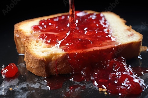  a piece of bread with jam on it being drizzled over by a bottle of ketchup on a black surface with a piece of bread in the foreground.