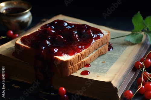  a piece of bread sitting on top of a book next to a cup of coffee and a leaf of red currans on a table cloth with a book on it. photo