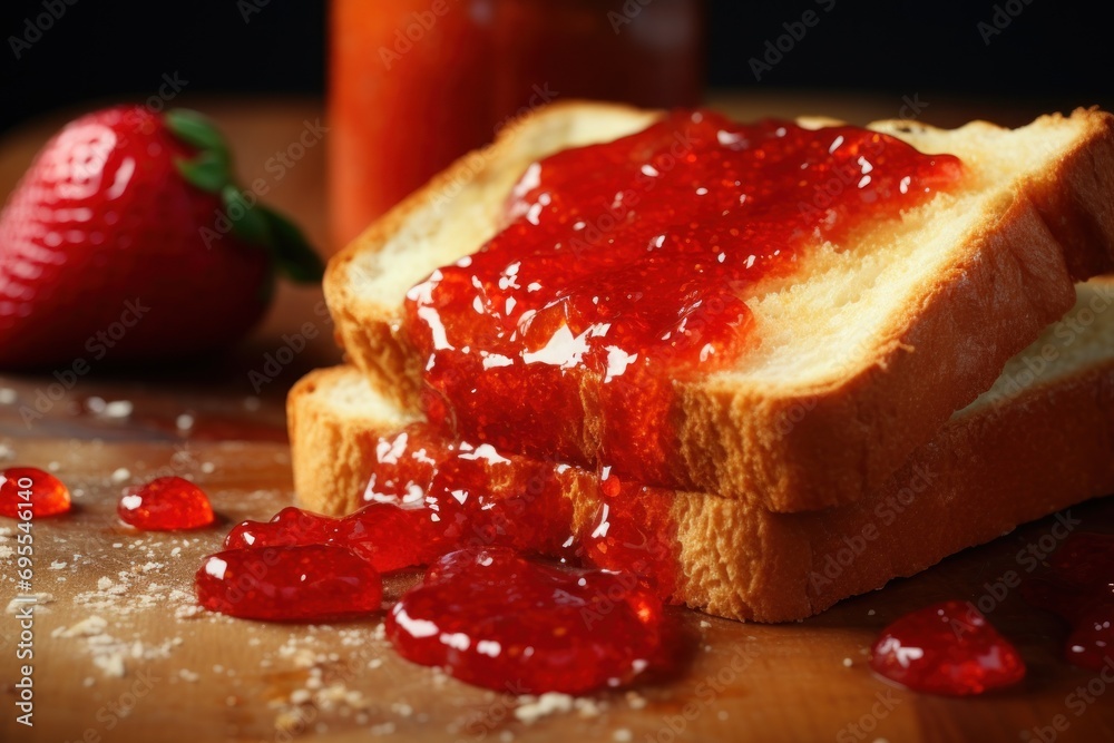 a piece of bread with strawberry jam on top of it next to a jar of strawberry jam and a strawberry on a cutting board with a slice of bread in the foreground. a piece of bread with strawberry jam on top of it next to a jar of strawberry jam and a strawberry on a cutting board with a slice of bread in the foreground.