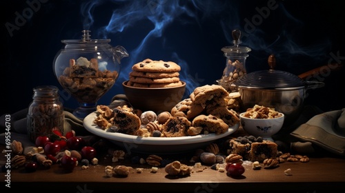 An artistic composition featuring a bowl filled with walnut-studded desserts  such as brownies and cookies  creating a tempting and indulgent scene.