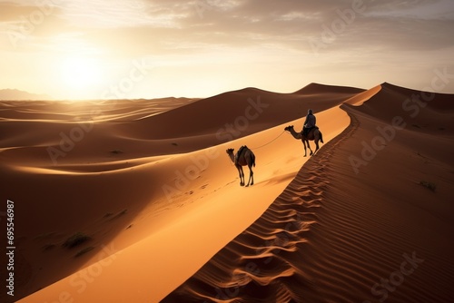  a couple of people riding on the backs of camels in the sand dunes of the sahara desert, at sunset, with the sun shining through the clouds in the distance.