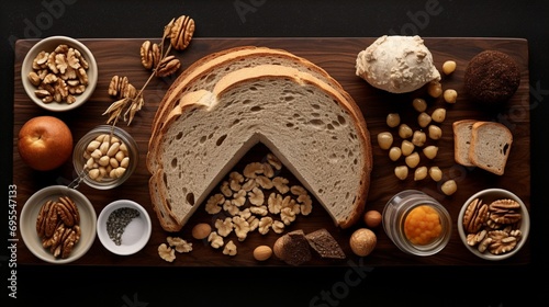 An artistic composition highlighting the culinary use of walnuts, showcasing walnut bread, walnut butter, and walnut-infused dishes in an appealing arrangement. © SAJAWAL JUTT
