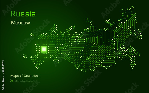 Russia Map with a capital of Moscow Shown in a Microchip Pattern with processor. E-government. World Countries vector maps. Microchip Series. 