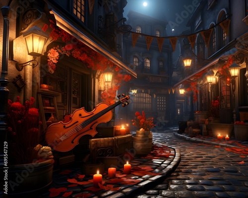 3D render of a night city street with lanterns and a violin