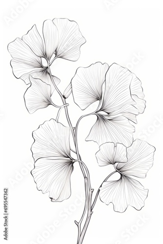 Line art drawing postcard with black and white Ginkgo leaves