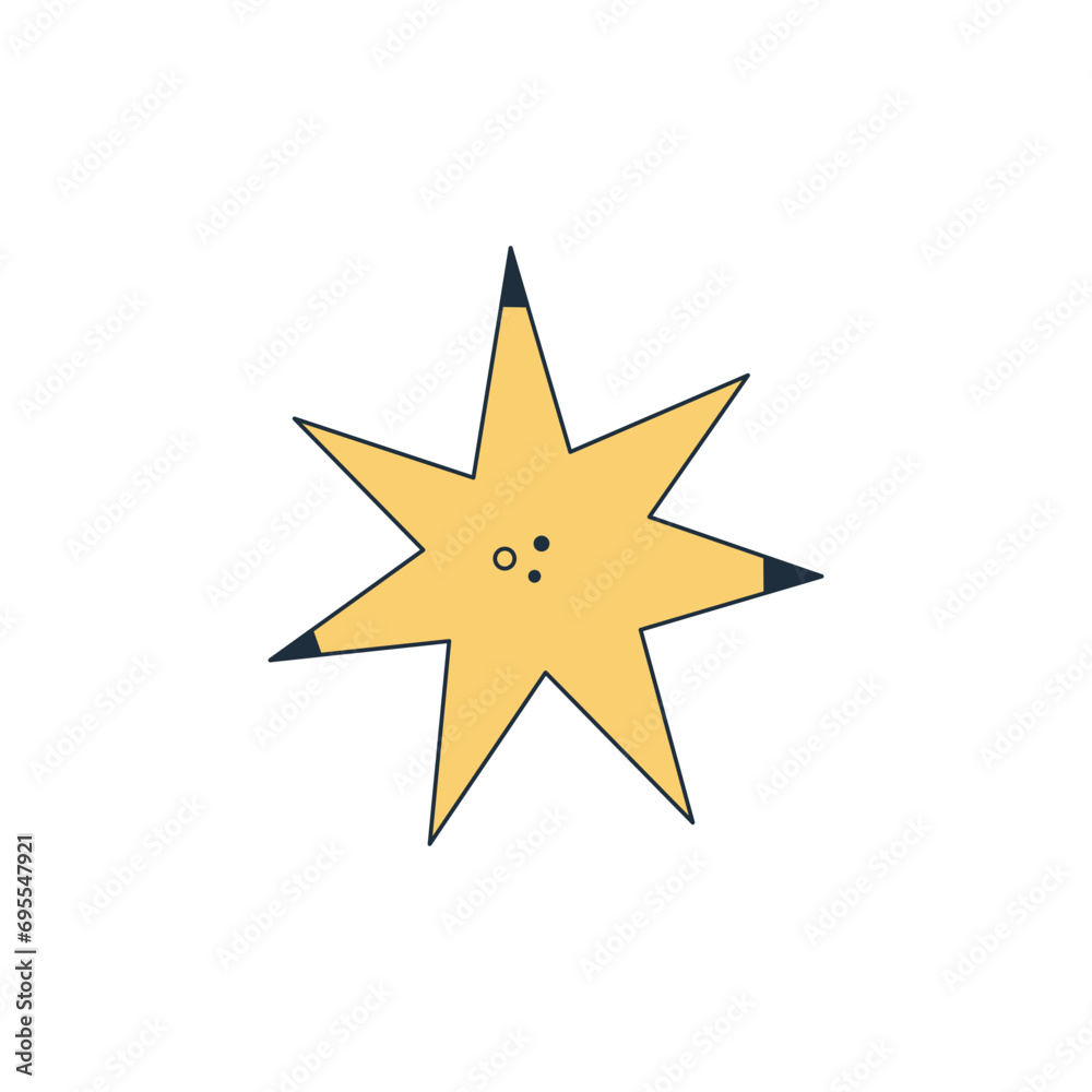 Isolated abstract yellow seven pointed star on white background. Space object. Flat cartoon style. Sticker, print on a T-shirt. Vector illustration